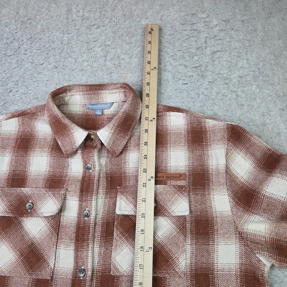 Simply Southern Flannel Shirt Women L Brown Plaid Long Sleeve Button Heavyweight - Picture 10 of 11